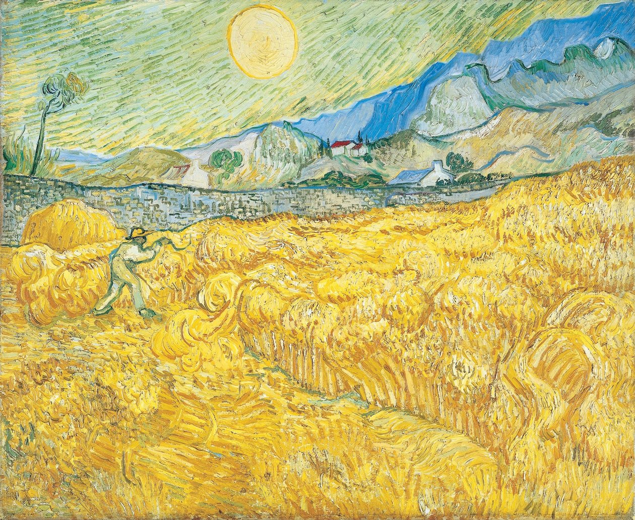 Hveteåker bak Saint-Paul-sykehuset med en høstmann av Vincent van Gogh
