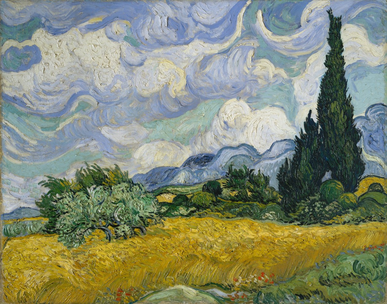 Hvetemark med sypresser, 1889. av Vincent van Gogh