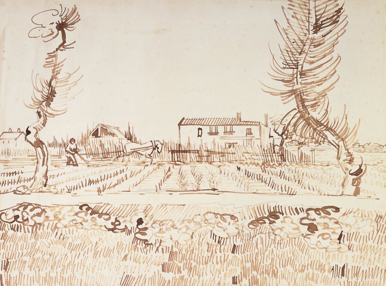Arbeid på feltene i Arles; Ploughman in the Fields at Arles, 1888 av Vincent van Gogh