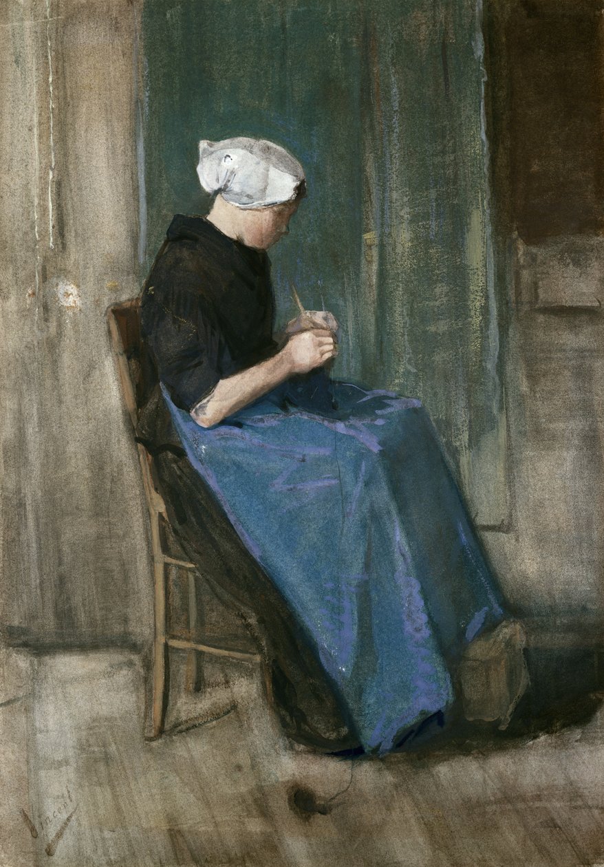 Ung Scheveningen-kvinne strikker, høyrevendt, 1881 av Vincent van Gogh