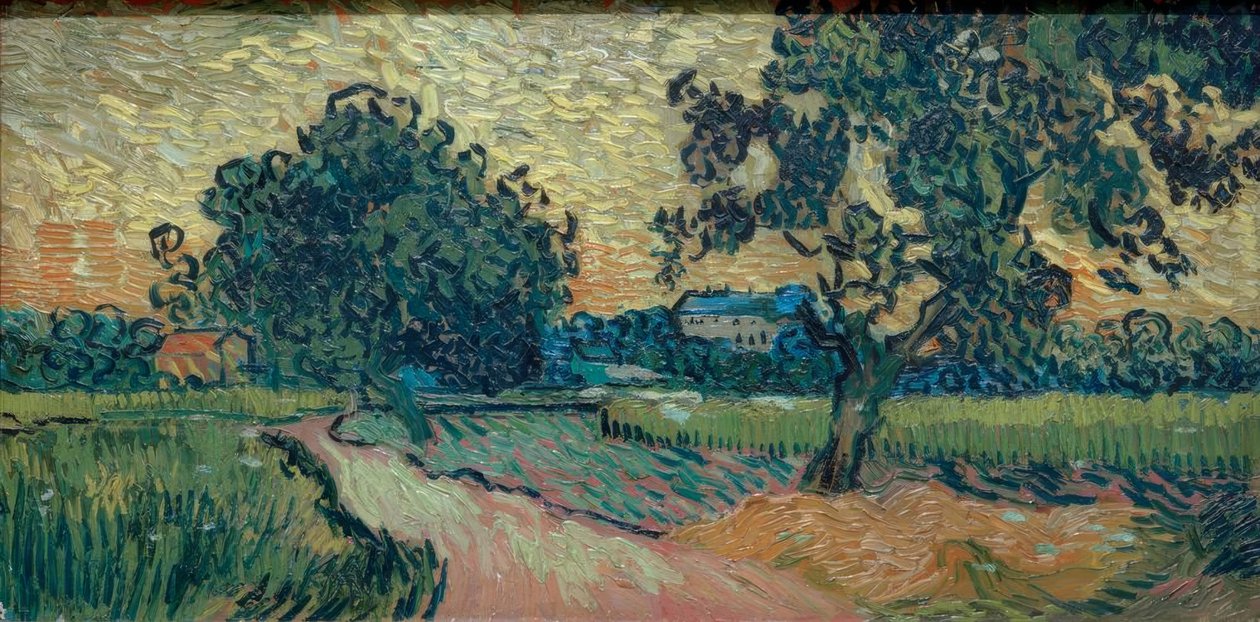 To pæretrær og slottet i Auvers (landskap i av Vincent van Gogh