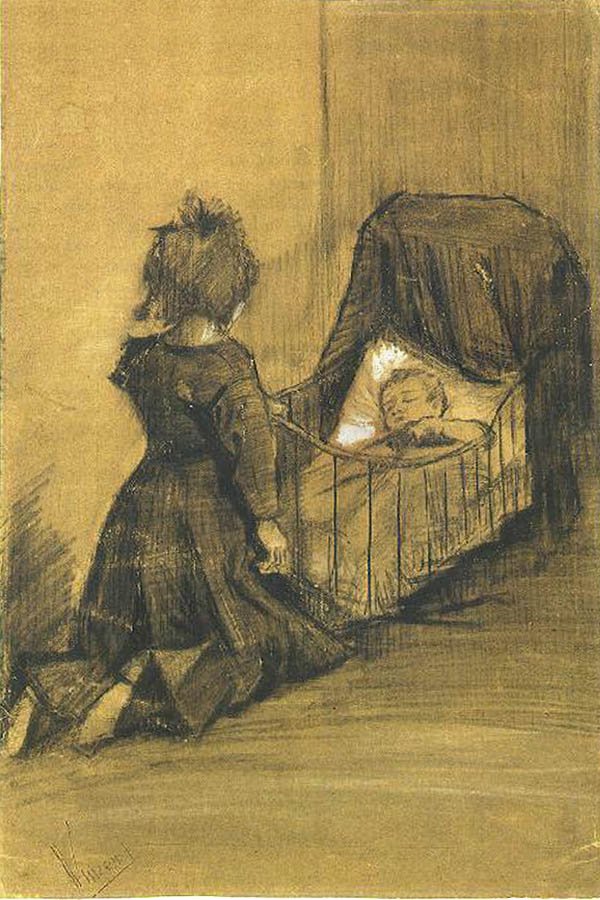 Girl Knieeling by a Cradle F 1024 JH 336 av Vincent van Gogh