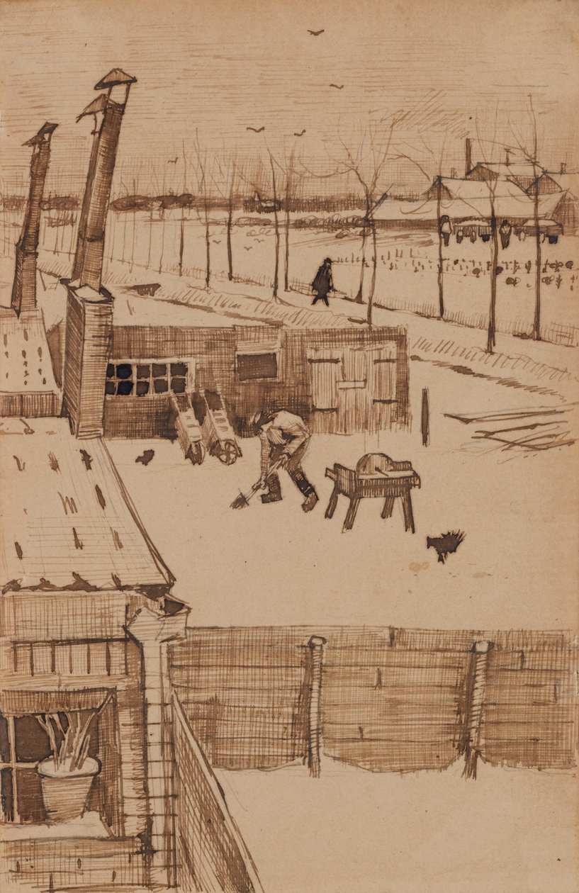 Utsikt fra vinduet til Vincents studio om vinteren I (1883) av Vincent van Gogh