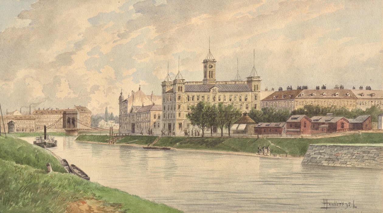 Weissgärber Lände i Wien med Donau-dampskipsbygningen av Vincenz Havlicek
