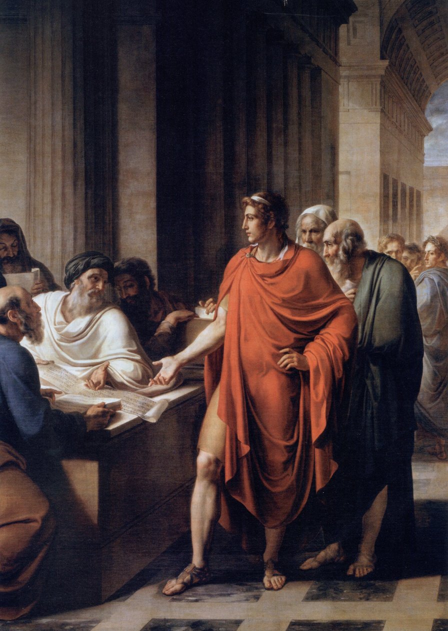 Ptolemaios II Philadelphus undersøker en rull med papyrus av Vincenzo Camuccini
