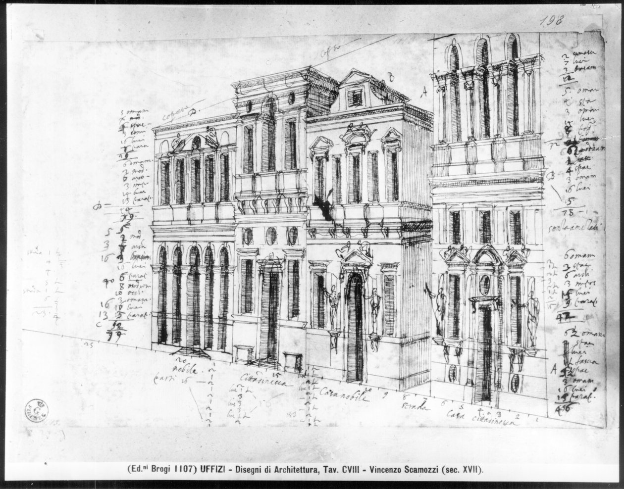 Tegning av fasaden til Uffizi-galleriet, designet av Giorgio Vasari (1511-74) og fullført av Bernardo Buontalenti (1531-1608) og Alfonso Parigi (d.1590) i 1580 av Vincenzo Scamozzi