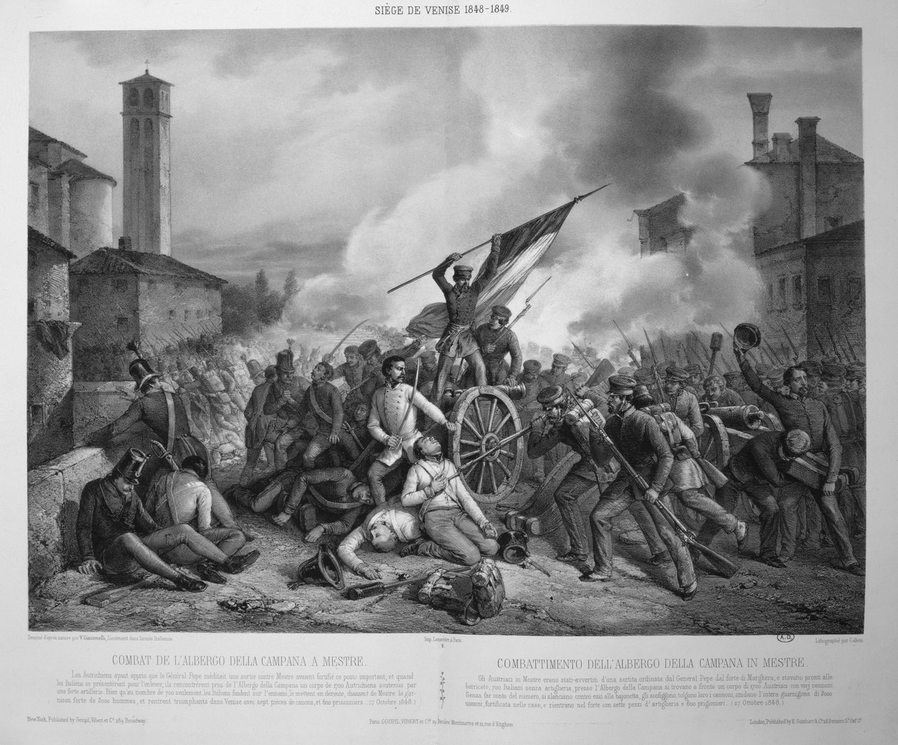 Slaget ved Albergo della Campana ved Mestre 27. oktober 1848 under beleiringen av Venezia i 1848-9 (lito) av Vincenzo (after) Giacomelli