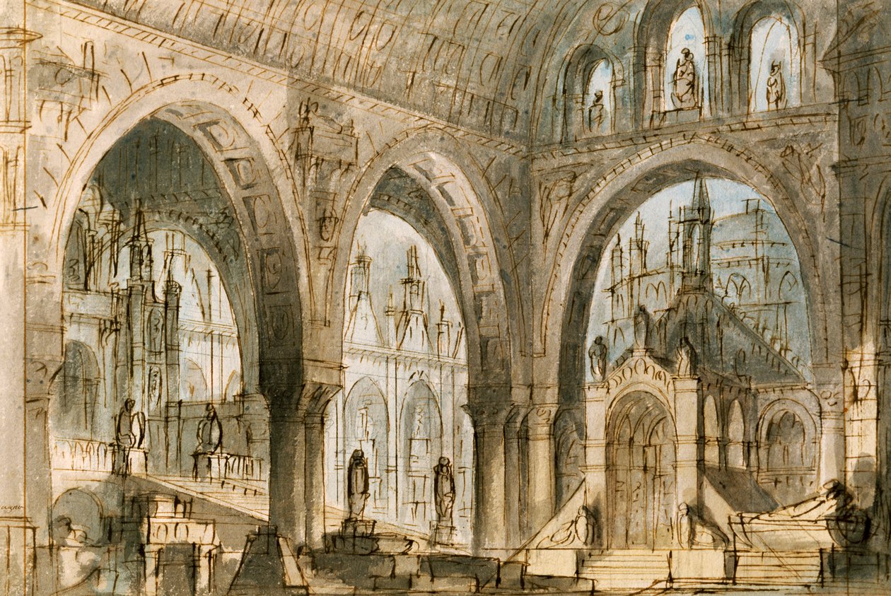 Scenografi av Francesco Bagnara for fjerde scene av Capuleti og Montecchi, opera av Vincenzo Bellini (1801-1835), fremført på La Fenice Theatre i Venezia av Vincenzo Bellini