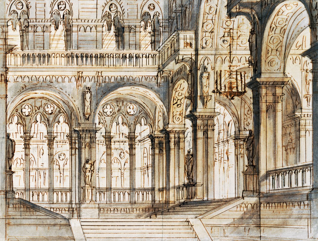 Scenografi av Francesco Bagnara for tredje scene av Capuleti og Montecchi, opera av Vincenzo Bellini (1801-1835), fremført på La Fenice Theatre i Venezia av Vincenzo Bellini