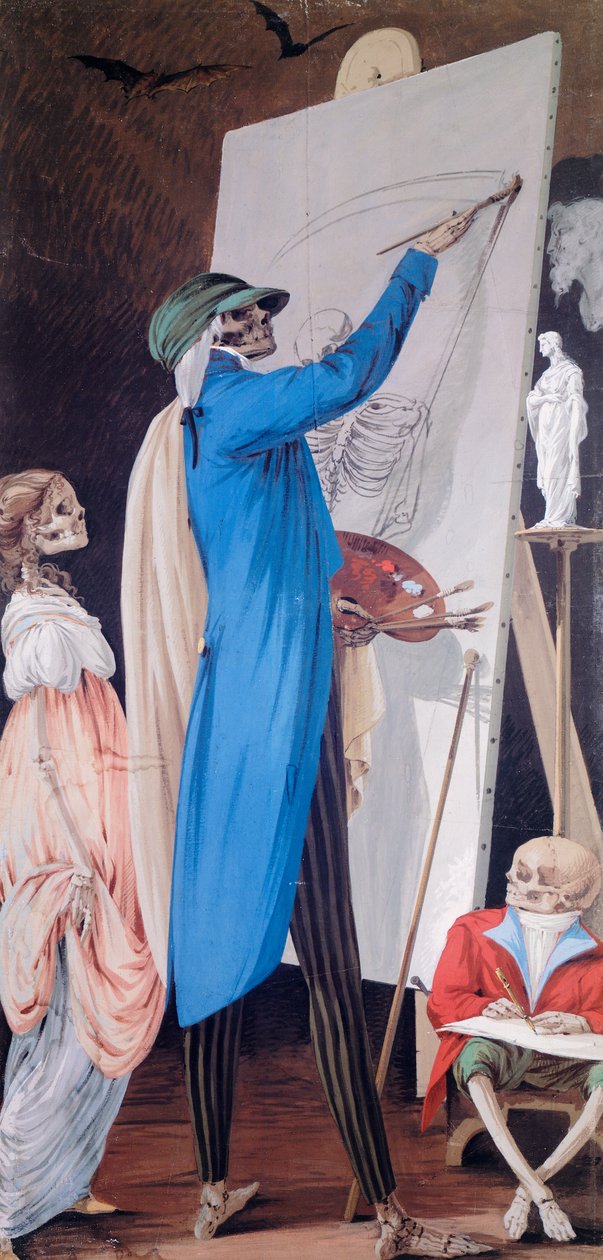 Maler og hans kone med dverg, fra Cycle of Scenes of Living Skeletons, Paolo Vincenzo Bonomini (1757-1839), tempera på lerret Church of Santa Grata Inter Vites, i Borgo Canale, Bergamo, Italia av Vincenzo Bonomini