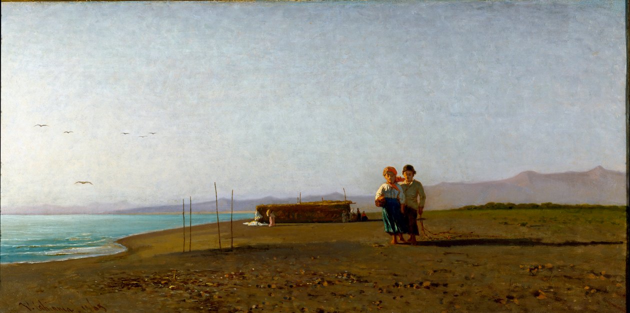 Utsikt over stranden i Viareggio morgensolen på den toskanske kysten, to barn silhuetter. Maleri av Vincenzo Cabianca (1827-1902) av Vincenzo Cabianca
