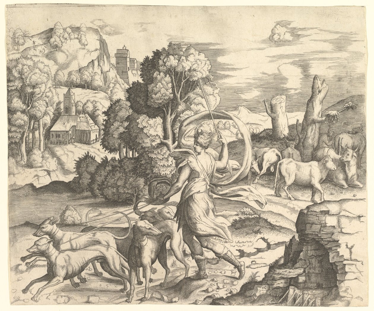 Jegerinnen Diana i et landskap, ca. 1530-42. av Vincenzo Caccianemici
