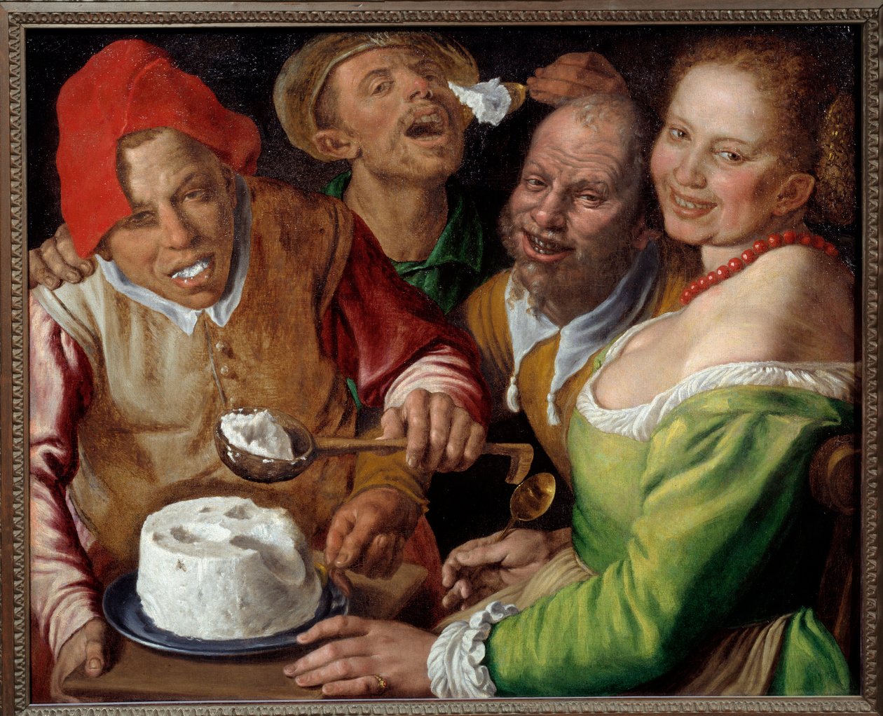 Ricotta Eaters Karakterer med uttrykksfulle og groteske ansikter som spiser ost med øse. Maleri av Vincenzo Campi (1536-1591) av Vincenzo Campi