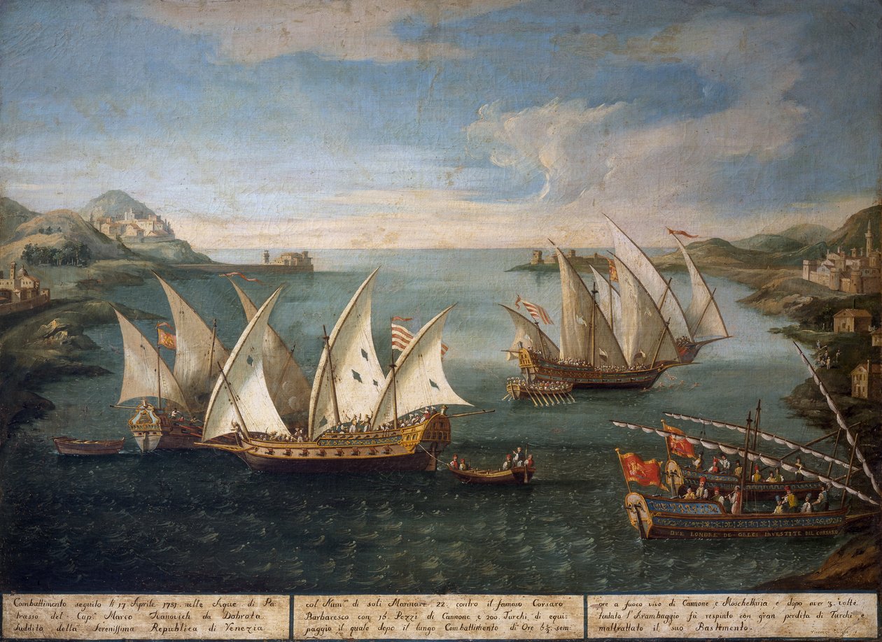 Sjøslag mellom venetianske skip av Marco Ivanovich Dobrota og tyrkiske skip utenfor Patras 17. april av Vincenzo Chilone