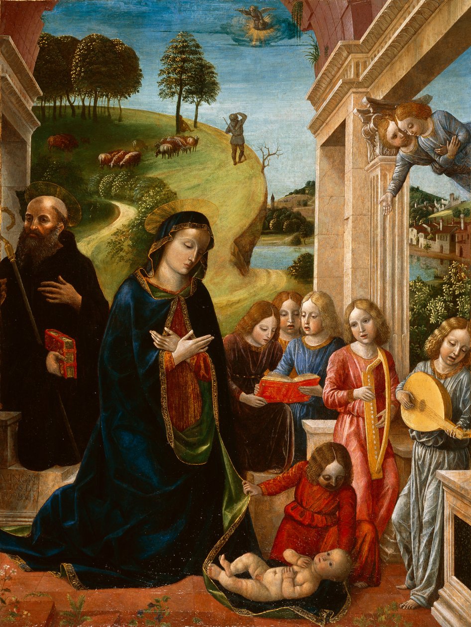 Tilbedelse av barnet med St. Benedikt og engler, ca. 1478 (tempera på lerret) av Vincenzo Foppa