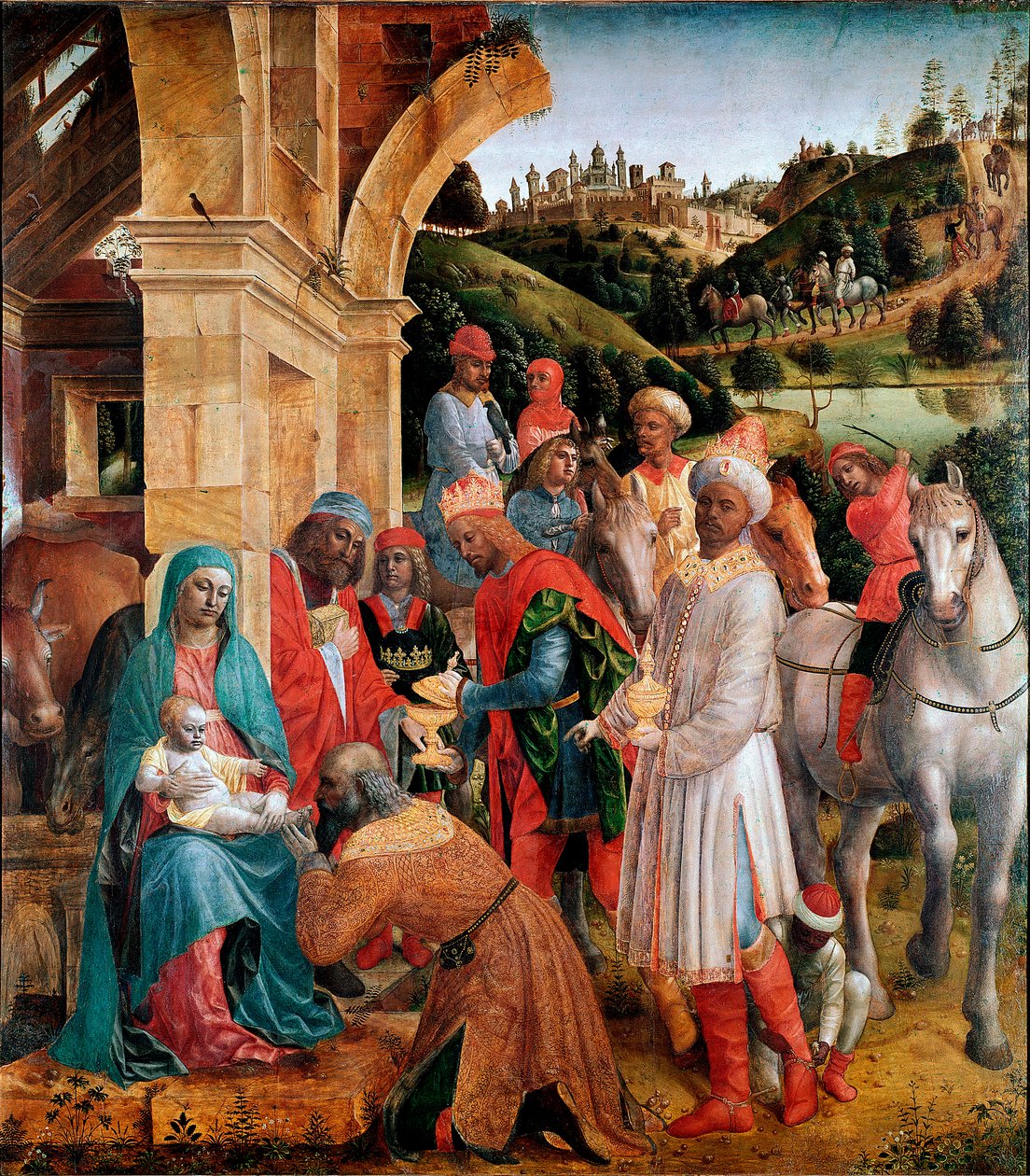 Tilbedelse av magi-maleriet av Vincenzo Foppa (ca. 1427-1515) Søn. 239x210 cm London, National Gallery - The Adoration of the Kings, av Vincenzo Foppa (ca.1427-c.1515). Olje på poppel, 239x210 cm, ca.1500. Nasjonalgalleriet, London, Storbritannia av Vincenzo Foppa