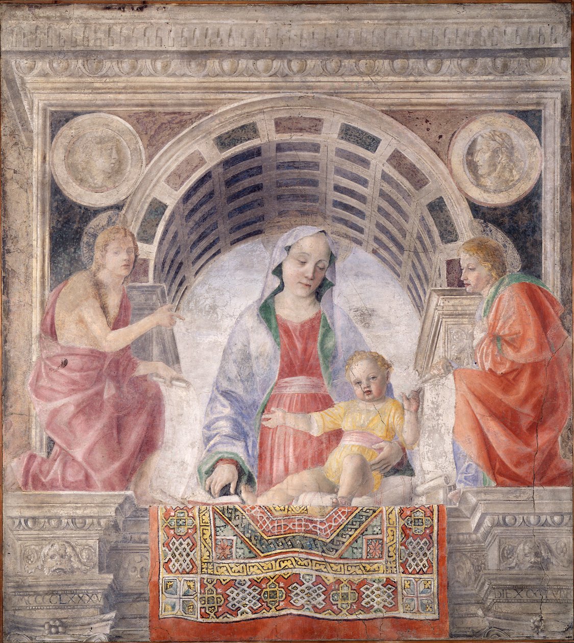 Madonna og barnet og de hellige døperen Johannes og Joavnni Evangelista av Vincenzo Foppa