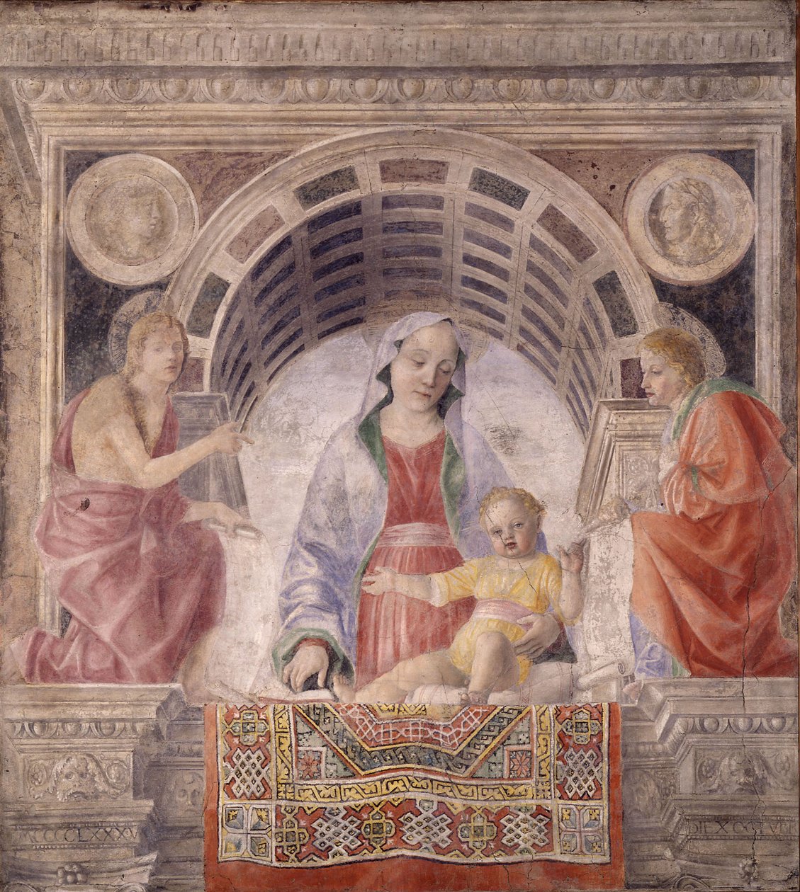 Madonna og barn med de hellige døperen Johannes og evangelisten Johannes, 1485 av Vincenzo Foppa