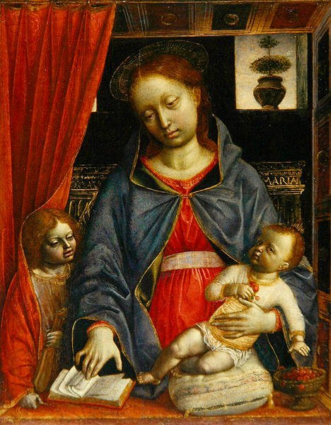 Madonna og barn med en engel, ca. 1479 (tempera på panel) av Vincenzo Foppa