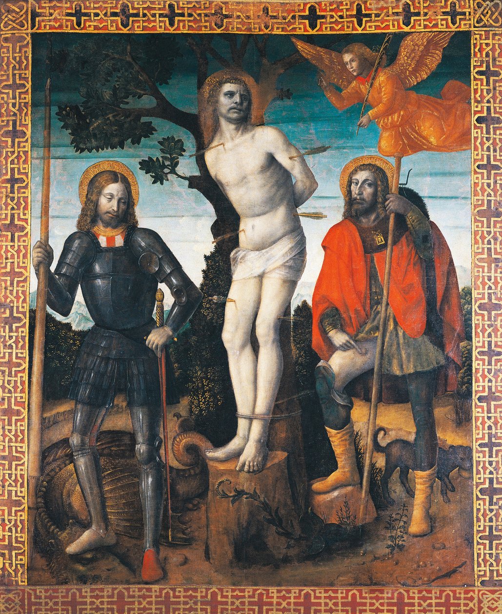 St. Sebastian, St. Rocco og St. Giorgio, baksiden av prosesjonsbanneret til Orzinuovi, av Vincenzo Foppa (ca1427 - ca1515), maleri på lerret. av Vincenzo Foppa