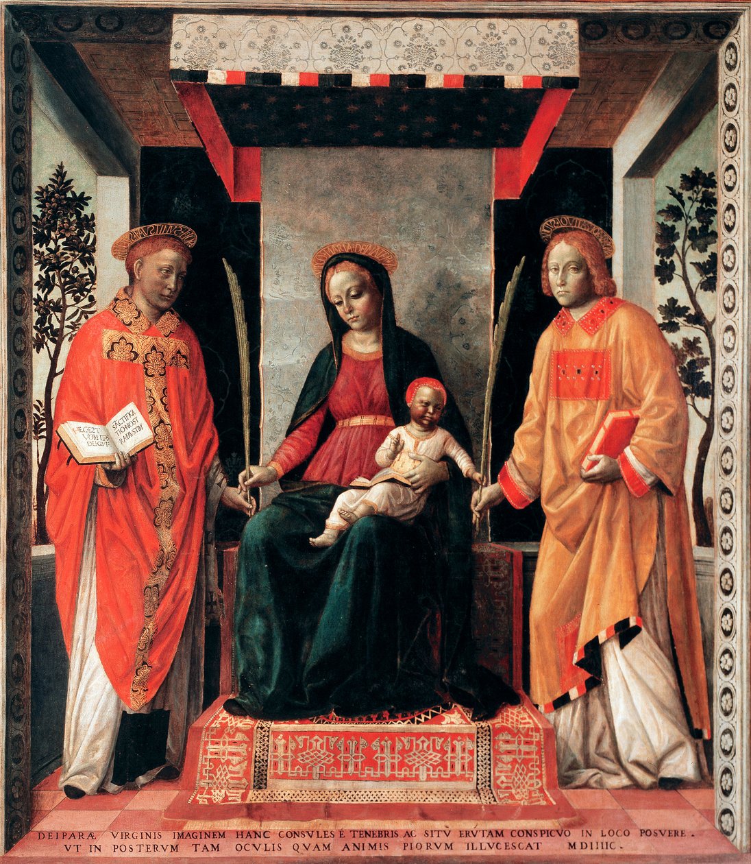 Jomfru og barn omgitt av de hellige Faustin og Giovita (Faustino og Giovita beskyttere av Brescia) Maleri av Vincenzo Foppa (ca.1427-ca.1515) Brescia, Pinacoteca Tosio Martinengo Italia av Vincenzo Foppa