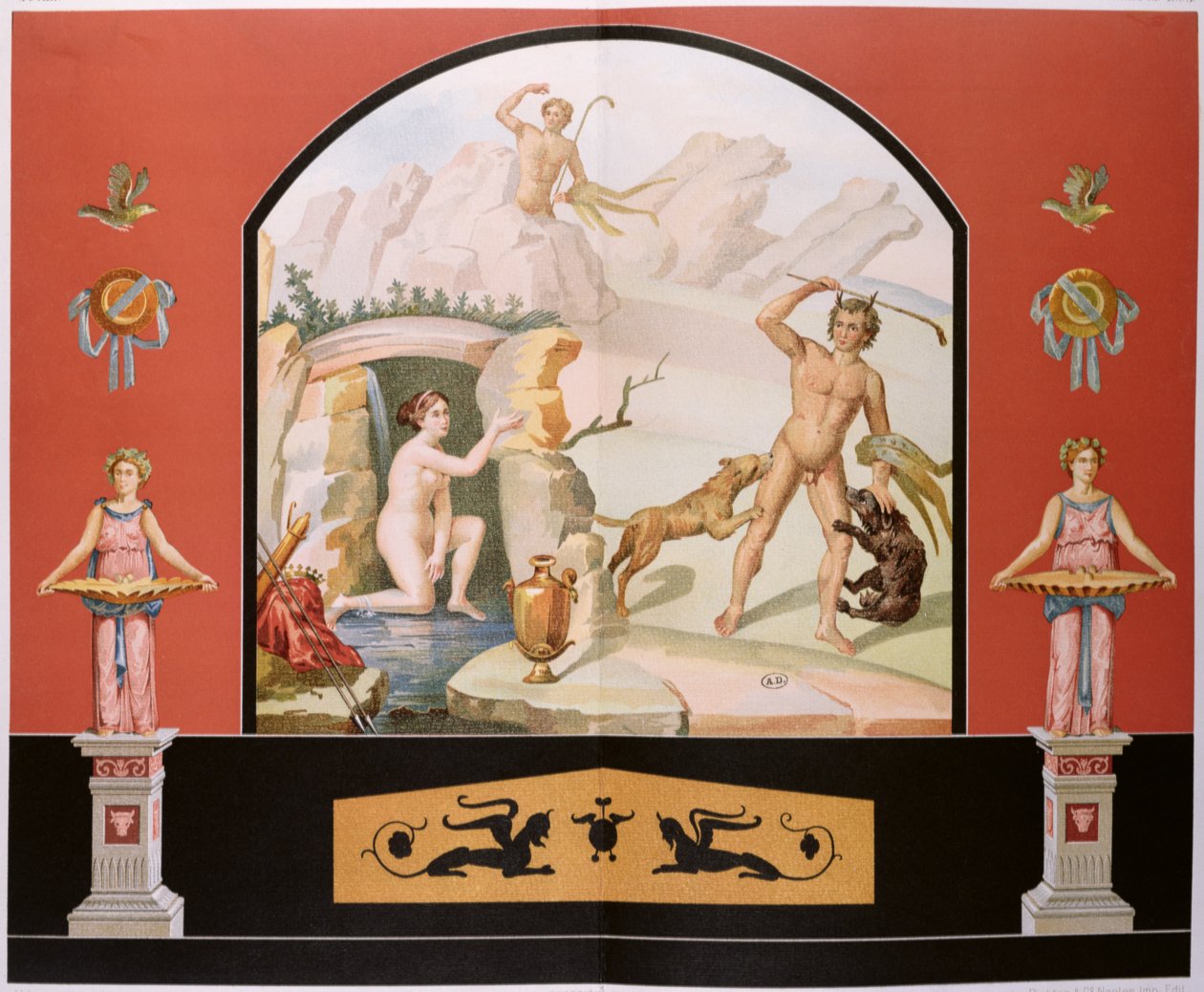 Actaeon oppdager gudinnen Diana ved badet hennes, rekonstruksjon av en freskomaleri i House of Sallust i Pompeii av Vincenzo Loria