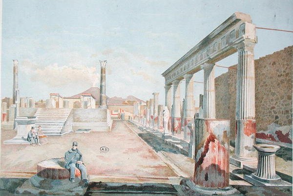 Vaktmester sitter blant ruinene av Pompeii (farge litho) av Vincenzo Loria
