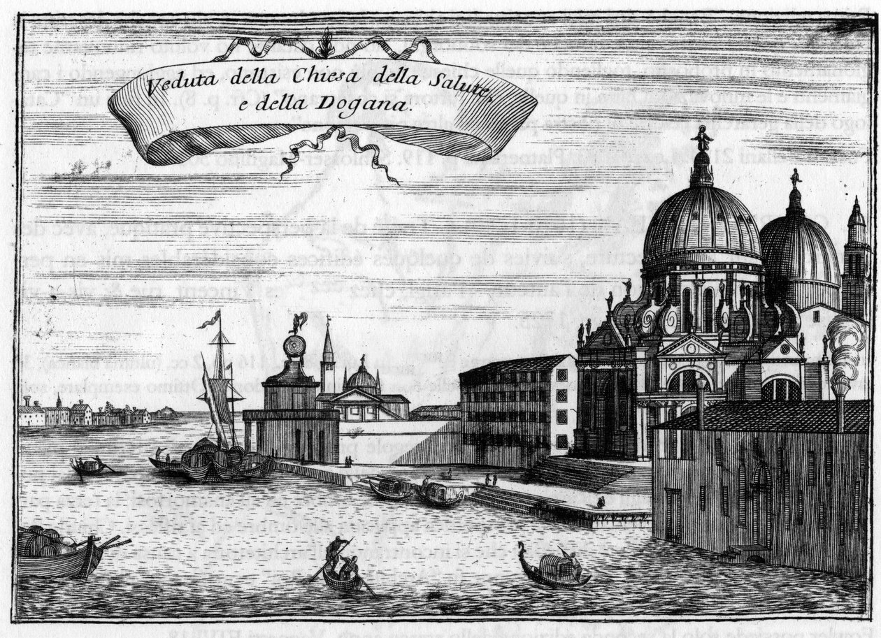 Venice, Italy. The Church of Santa Maria della Salute, designed by the architect Baldassare Longhena, and the Maritime Customs. In “” Singolarita di Venezia”” by Vincenzo Coronelli (1650-1718). av Vincenzo Maria Coronelli