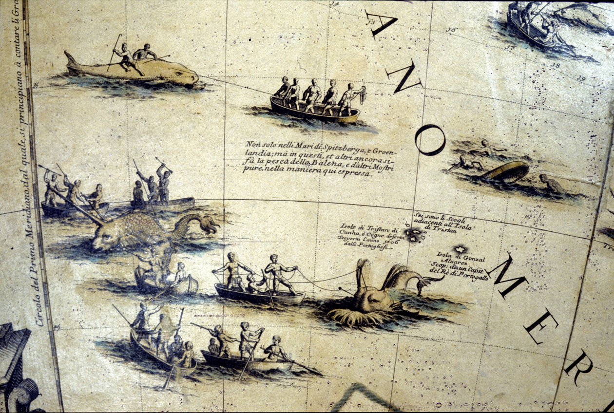 Hvalfangst i Stillehavet. Detalj av en Coronelli-klode fra 1600-tallet. av Vincenzo Maria Coronelli