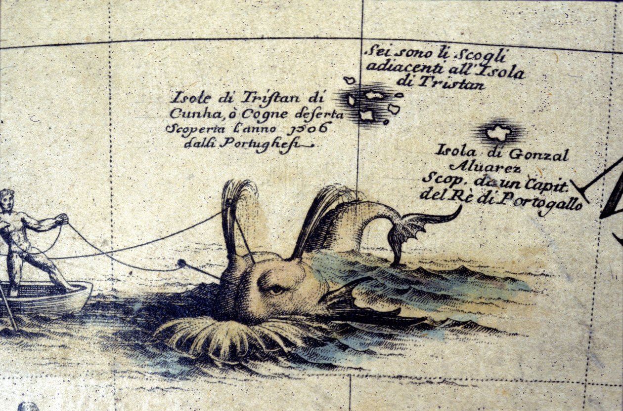 Hvalfangst i Sør-Atlanteren etter en klode av Coronelli. 17. århundre av Vincenzo Maria Coronelli