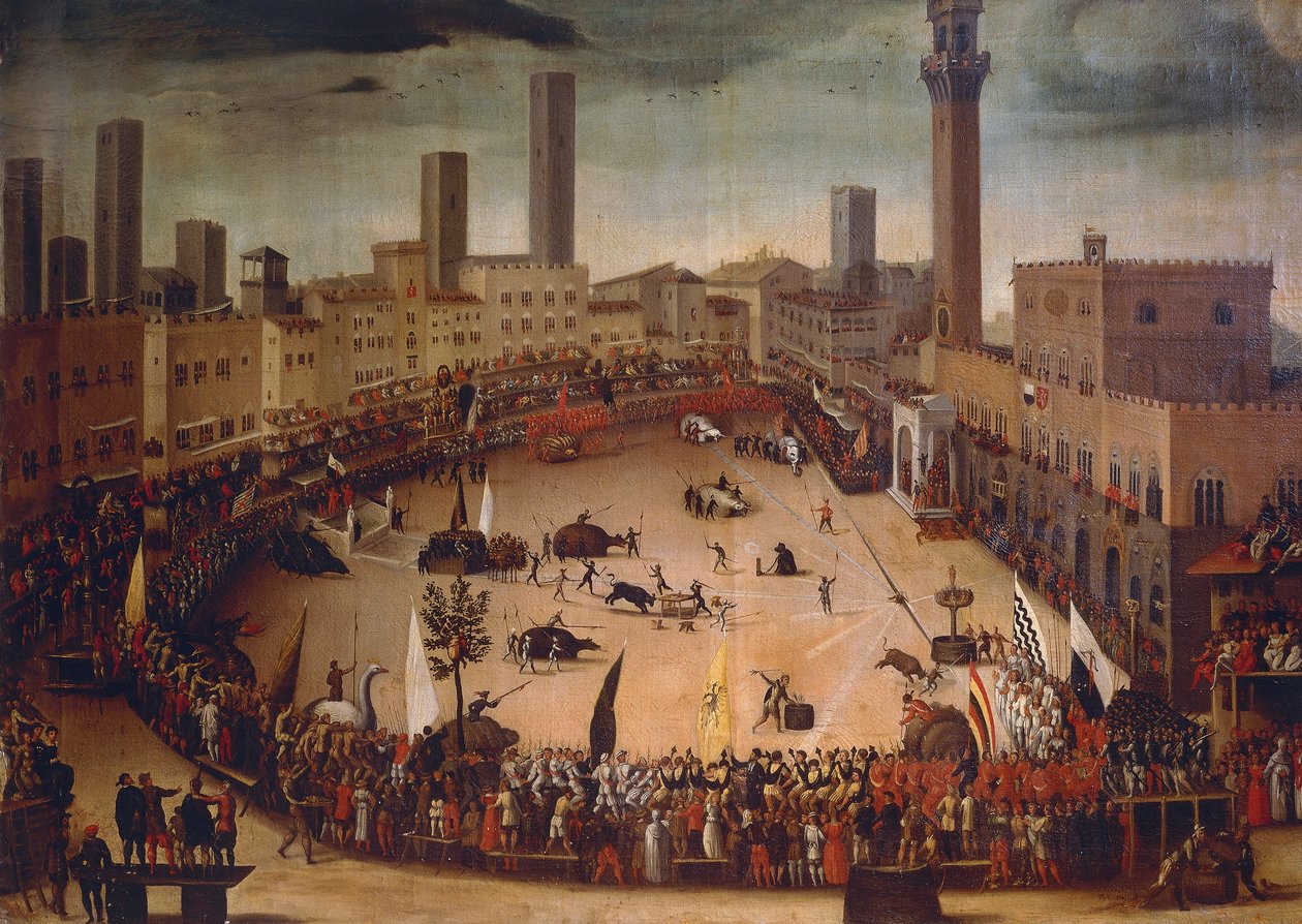 Oksejakt på Piazza del Campo i 1546, rundt 1585, maleri av Vincenzo Rustici (1556-1632), olje på lerret av Vincenzo Rustici