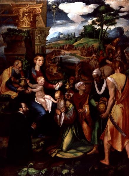 Tilbedelse av magi med en giver (olje og tempera på panel) av Vincenzo da (d.1557) Pavia
