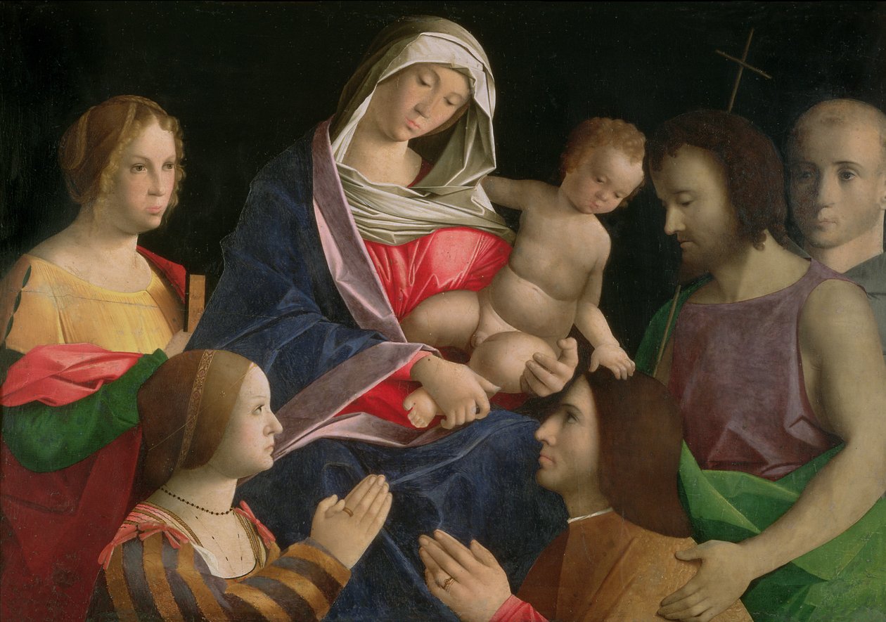 Madonna og barn med døperen Johannes, to hellige og givere av Vincenzo di Biagio (follower of) Catena
