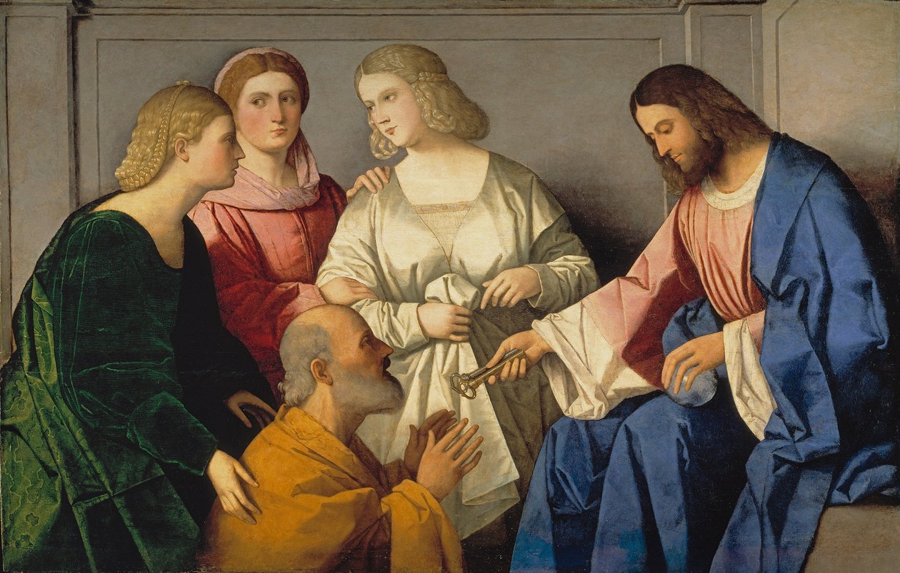 La Remise des clefs a saint Pierre - Kristus gir nøklene til Saint Peter - Catena, Vincenzo di Biagio (ca.1470-1531) - ca. 1520 - Olje på tre - 86x135 - Museo del Prado, Madrid av Vincenzo di Biagio Catena