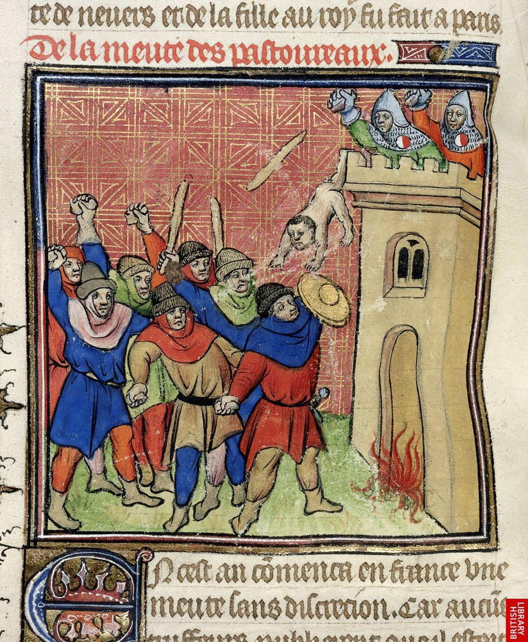 Detalj av en miniatyr av det tredje korstoget av Pastoureaux. Jøder kaster barna sine fra et tårn, etter 1380 av Virgil Master