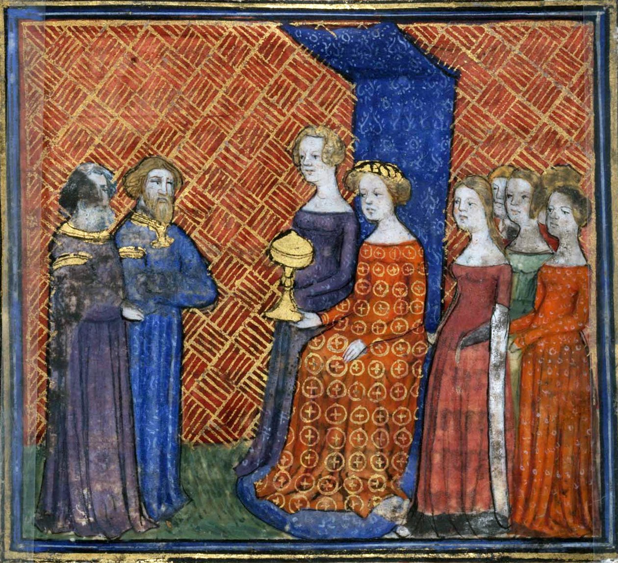 Kong Salomo mottar dronningen av Saba fra Bibelens historie av Guiart des Moulins, 1400-1415 av Virgil Master