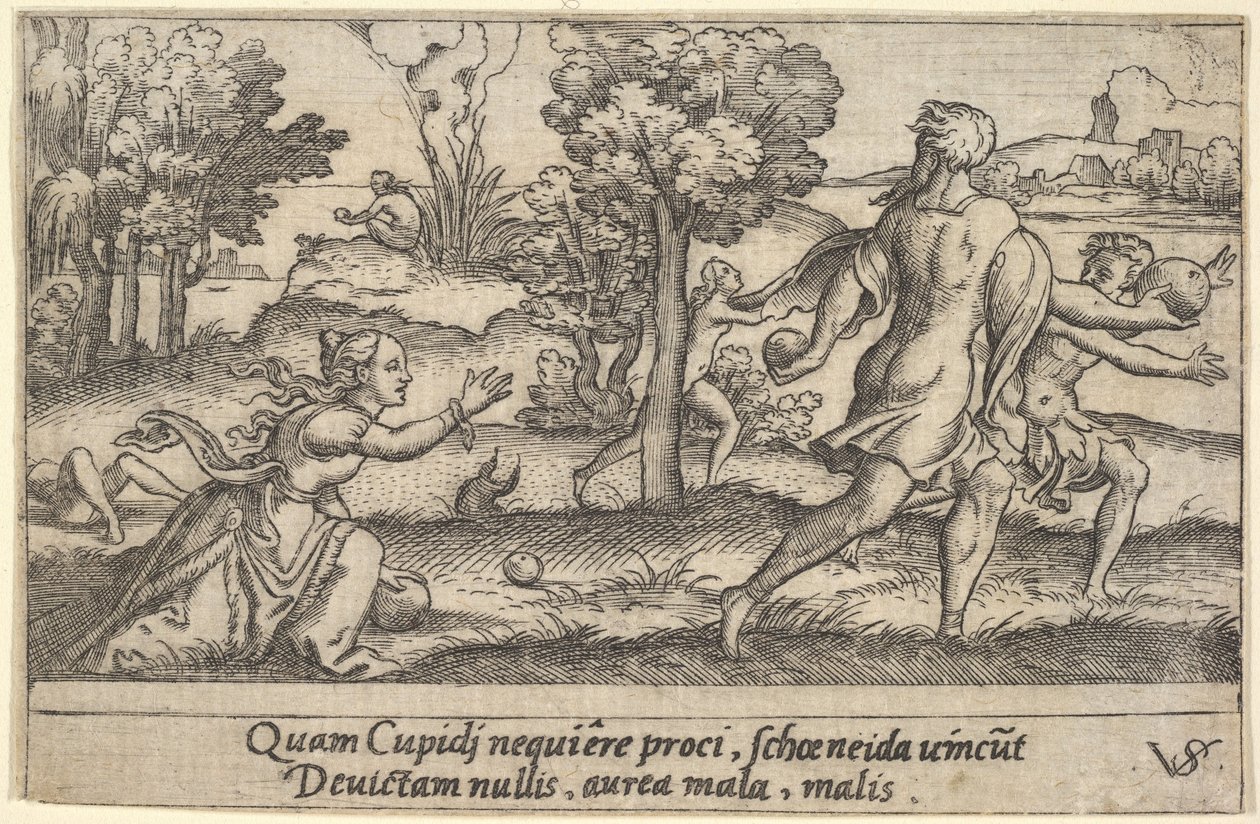 Atalanta og Hippomenes, i forgrunnen Atalanta kneler for å plukke opp et eple og..., ca. 1535-62. av Virgil Solis