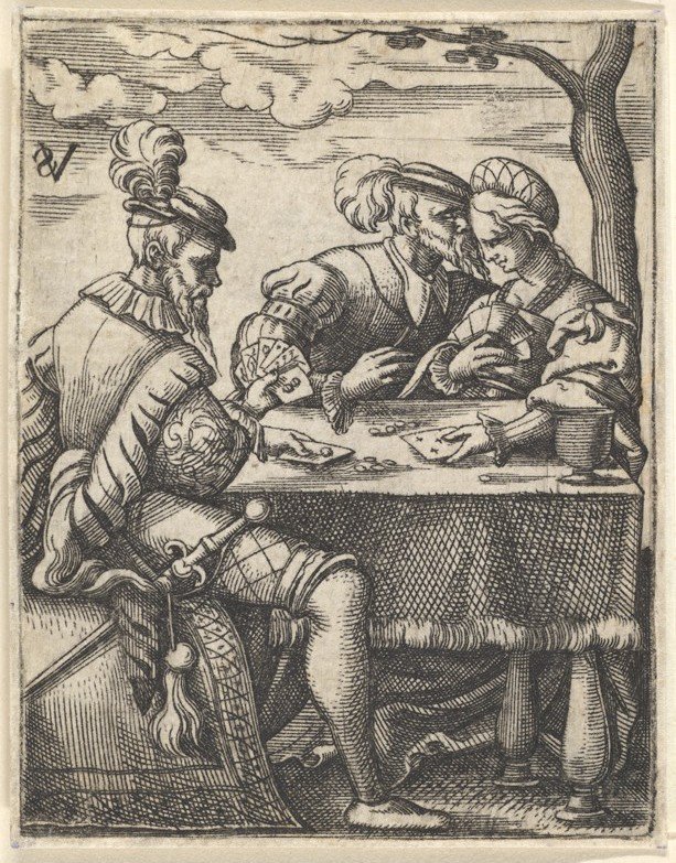 To menn og en kvinne spiller kort ved et bord, en mann presser nesen mot ..., ca. 1535-62. av Virgil Solis