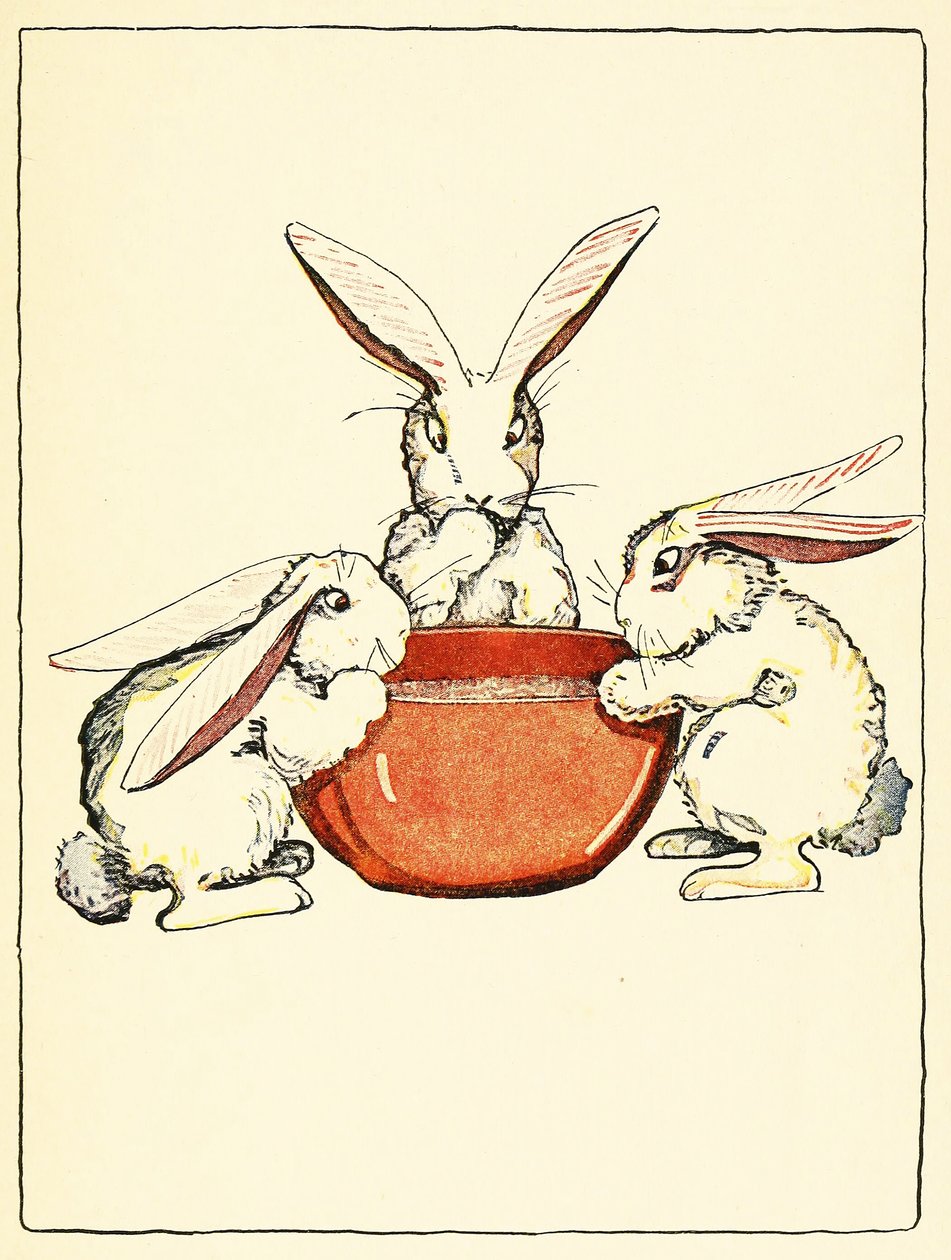 Flopsy, Mopsy og Cotton-Tail hadde brød og melk og bjørnebær til middag, fra The Tale of Peter Rabbit, pub. 1916 (farge litho) av Virginia Albert