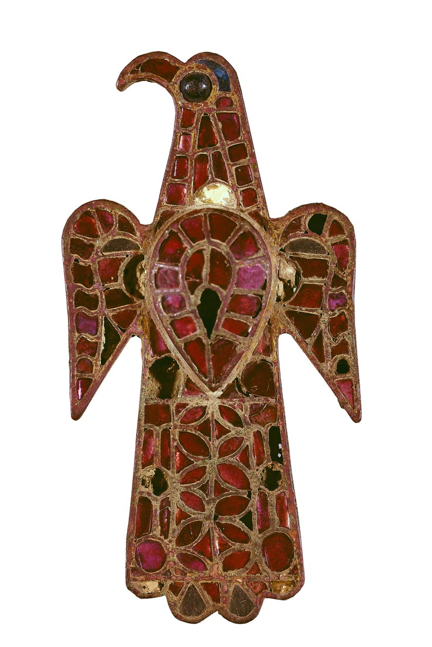 Ivrig formet vestgotisk fibula, 600-tallet, bronse- og glasspasta av den tekniske cloisonne av Visigothic Visigothic