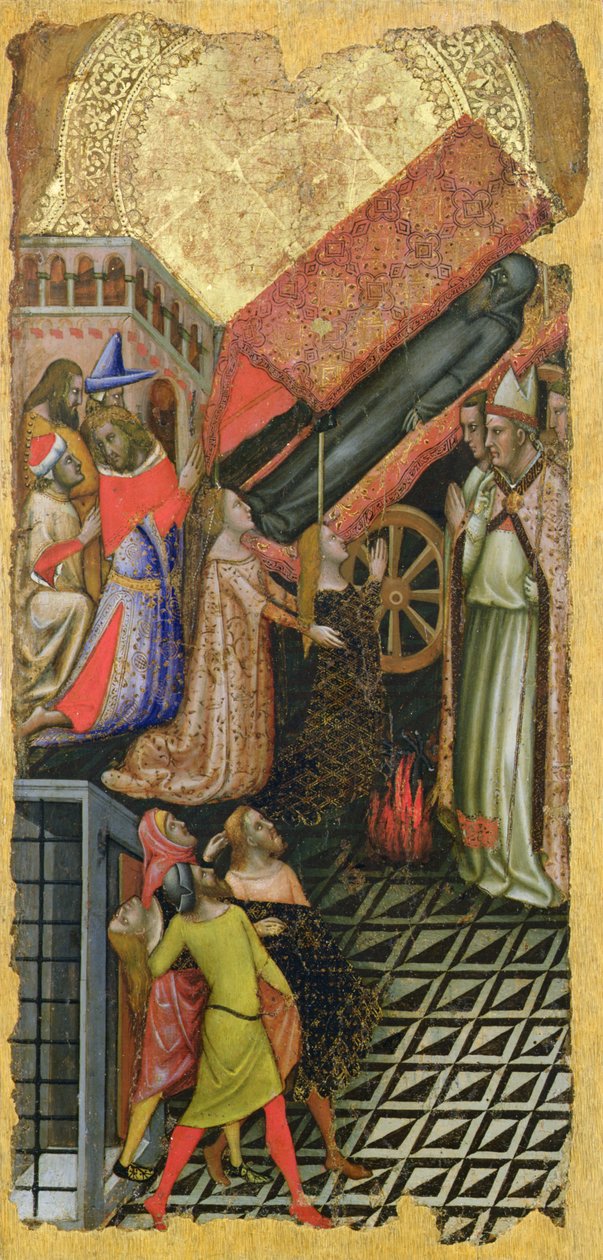 Healing datteren til keiser Konstantin, begravelsen til Saint Anthony (øverst); Datteren til keiser Konstantin besatt av djevelen (nederst) av Vitale da Bologna