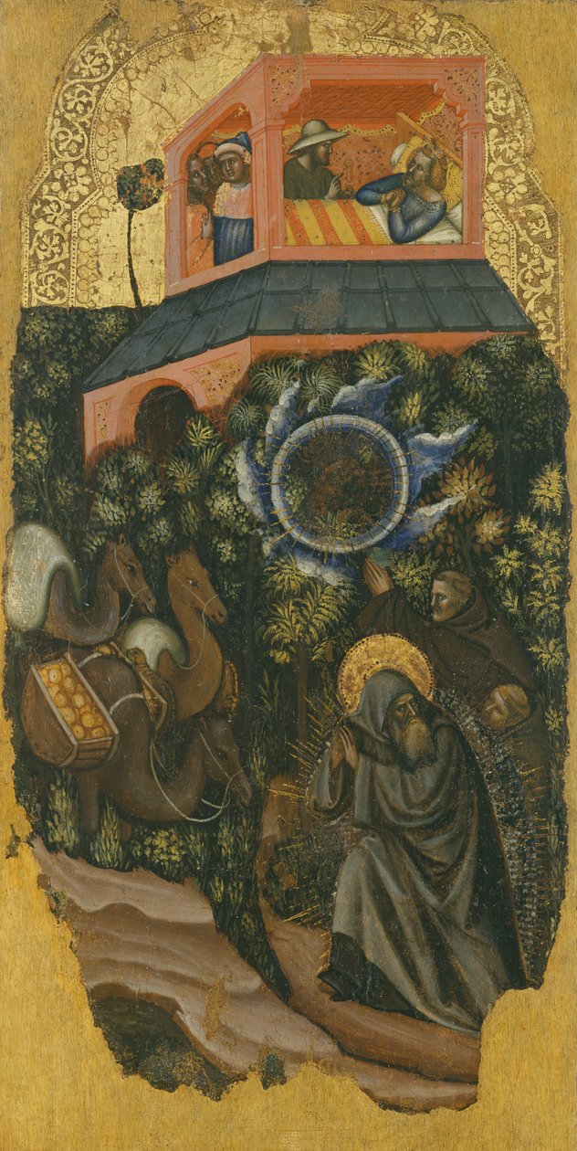 The History of Saint Anthony the Great, En tigger oppfordrer den syke kongen av Palestina til å sende mat til St. Anthony (øverst); ankomst av kameler med mat (nederst) av Vitale da Bologna