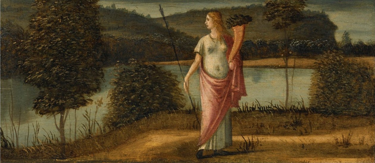 Allegorisk figur av en kvinne i et landskap som holder spyd av Vittore Carpaccio
