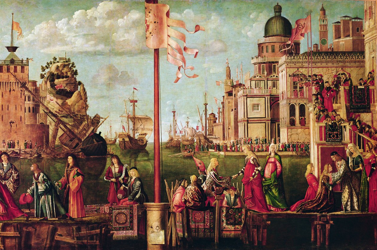 Detalj av møtet mellom Etherius og Ursula og pilegrimenes avgang, fra St. Ursula-syklusen, ca. 1490-96 (detalj av 56472) av Vittore Carpaccio