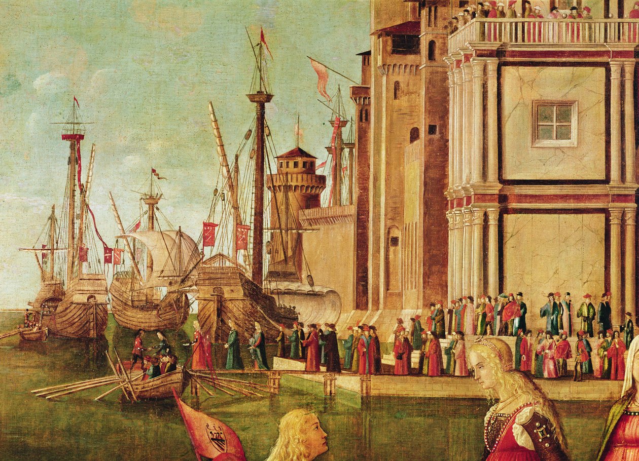 Detalj av møtet mellom Etherius og Ursula og pilegrimenes avgang, fra St. Ursula-syklusen, ca. 1490-96 (detalj av 56472) av Vittore Carpaccio