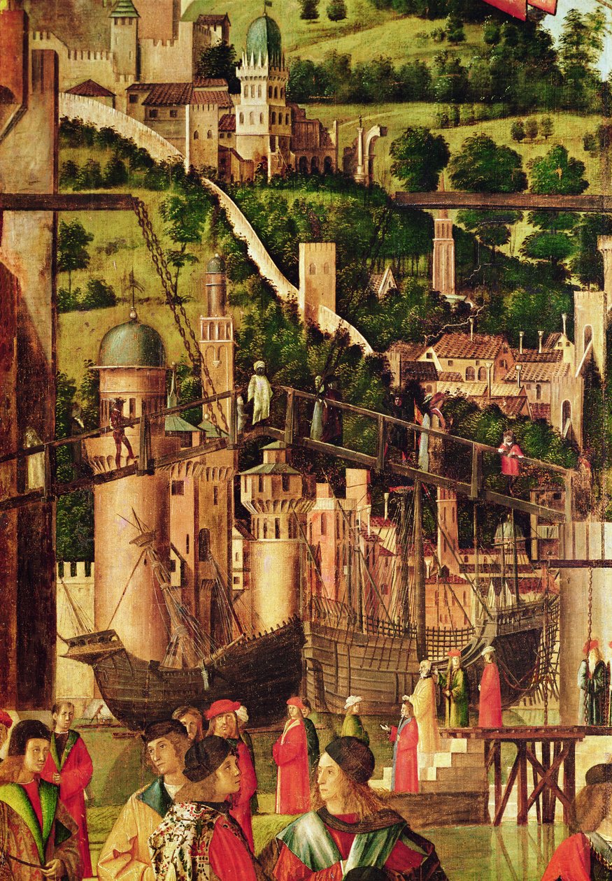 Detalj av møtet mellom Etherius og Ursula og pilegrimenes avgang, fra St. Ursula-syklusen, ca. 1490-96 (detalj av 56472) av Vittore Carpaccio