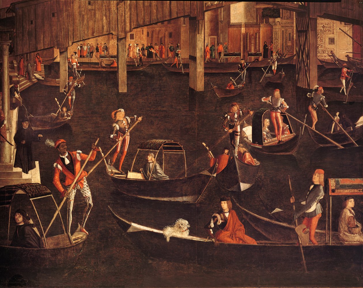 Gondoliers på Canal Grande, detalj fra The Miracle of the Relic of the True Cross on the Rialto Bridge, 1494 olje på lerret detalj av 119437 av Vittore Carpaccio