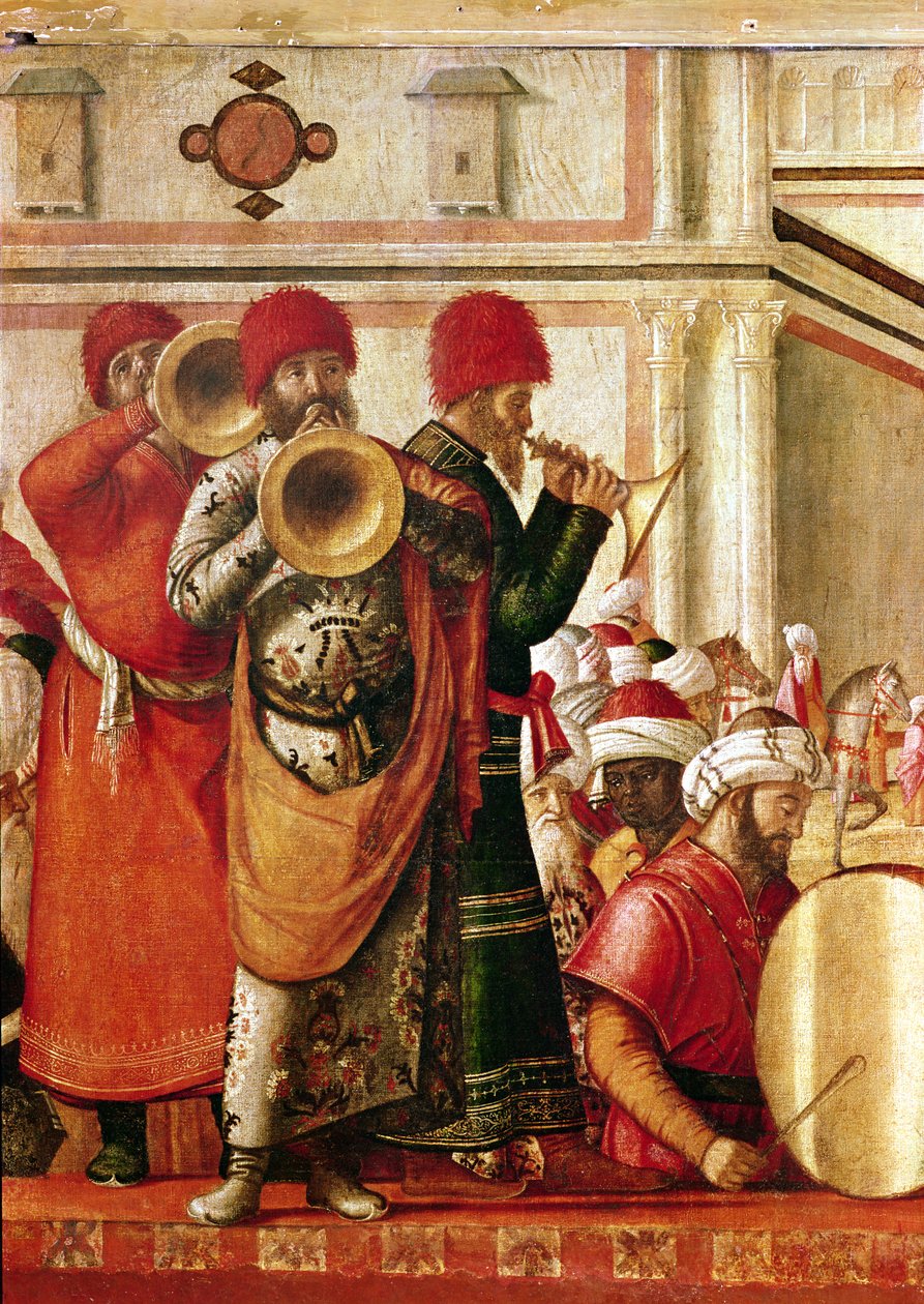 St. George Baptising the Gentiles, detalj av musikere på venstre side, 1501-07 av Vittore Carpaccio