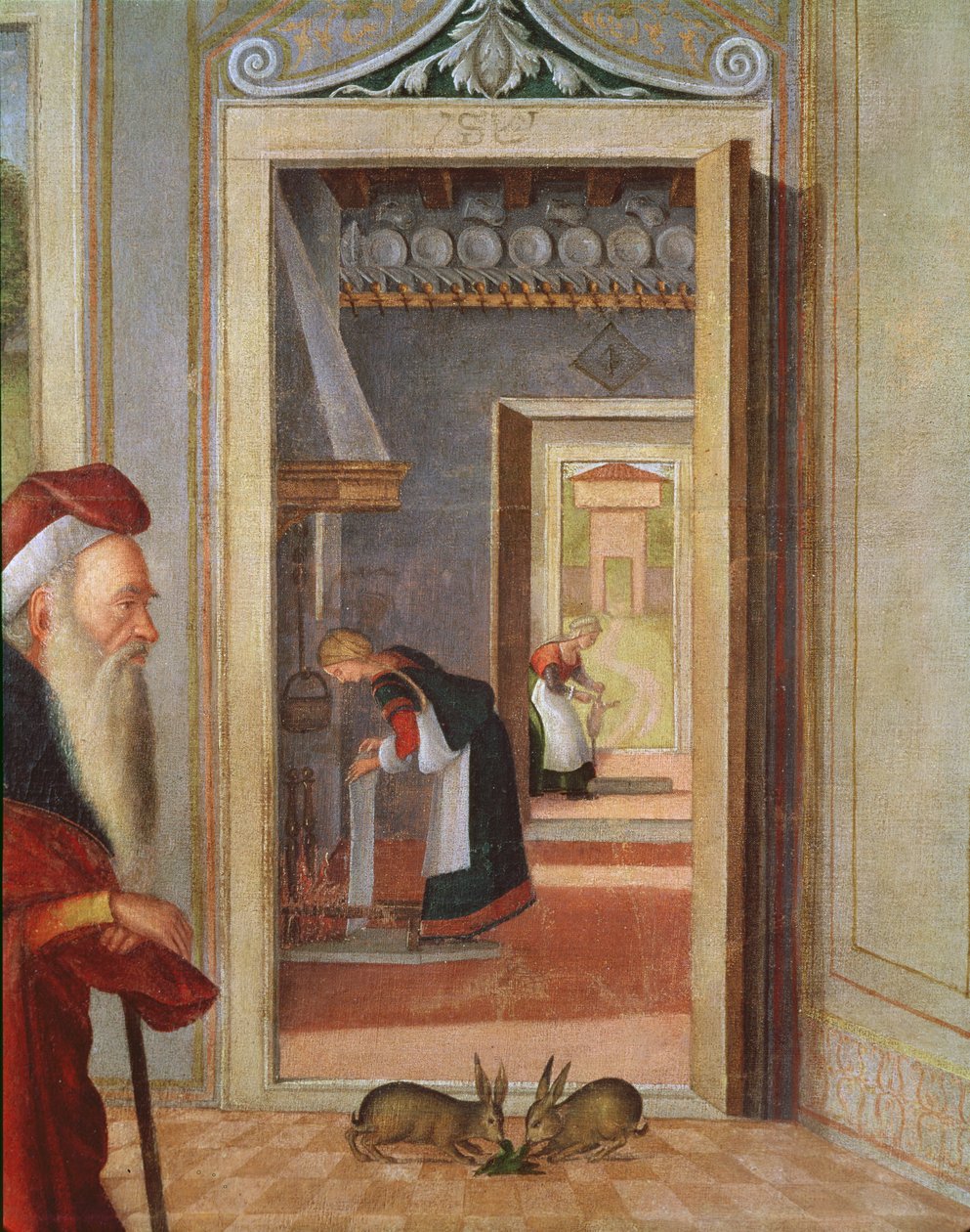The Birth of the Virgin, detalj av tjenere i bakgrunnen, 1504-08 (detalj av 352330) av Vittore Carpaccio