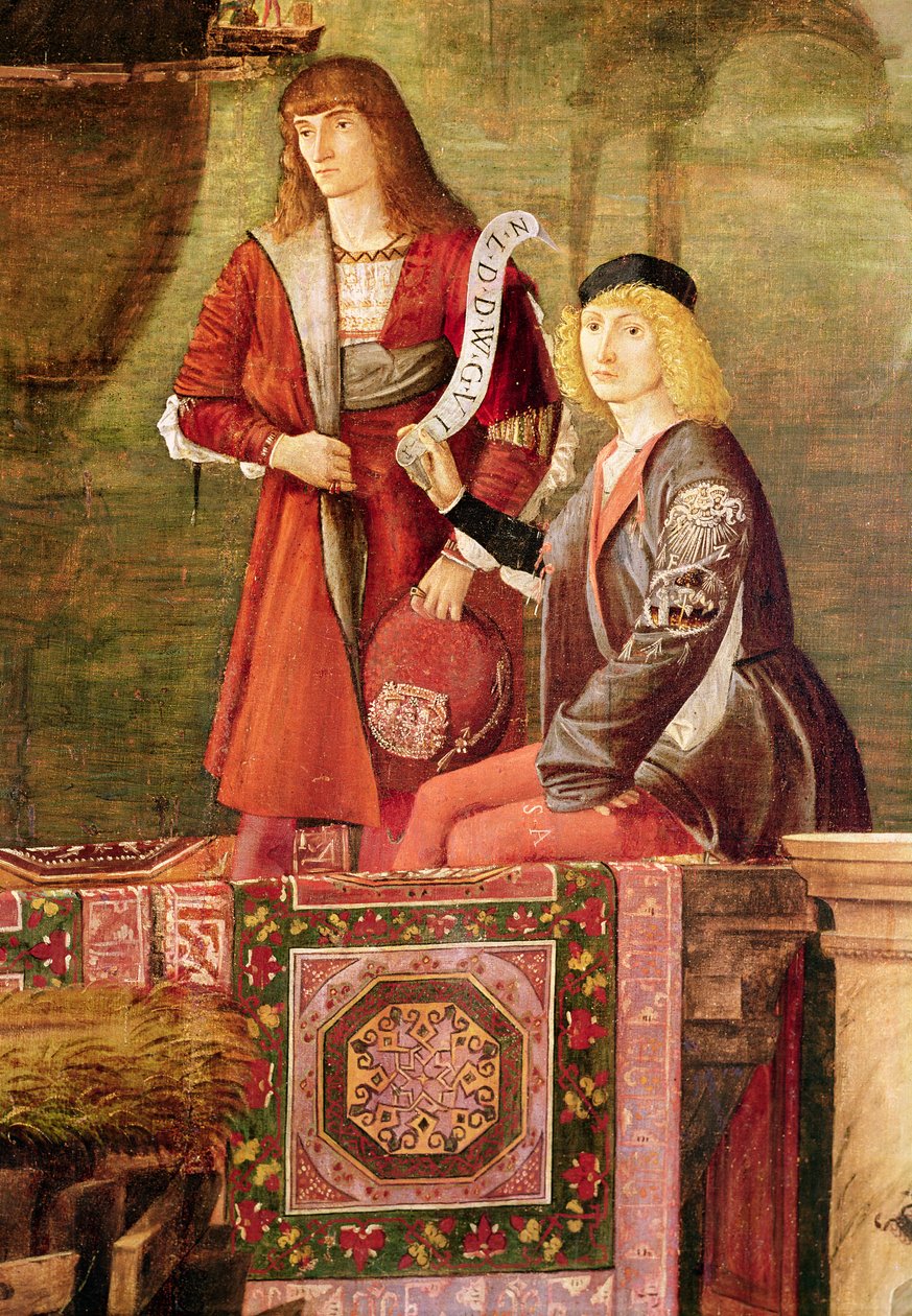 Møtet mellom Etherius og Ursula og pilgrimenes avgang, fra St. Ursula-syklusen, detalj av to menn fra sentrum, 1495 av Vittore Carpaccio